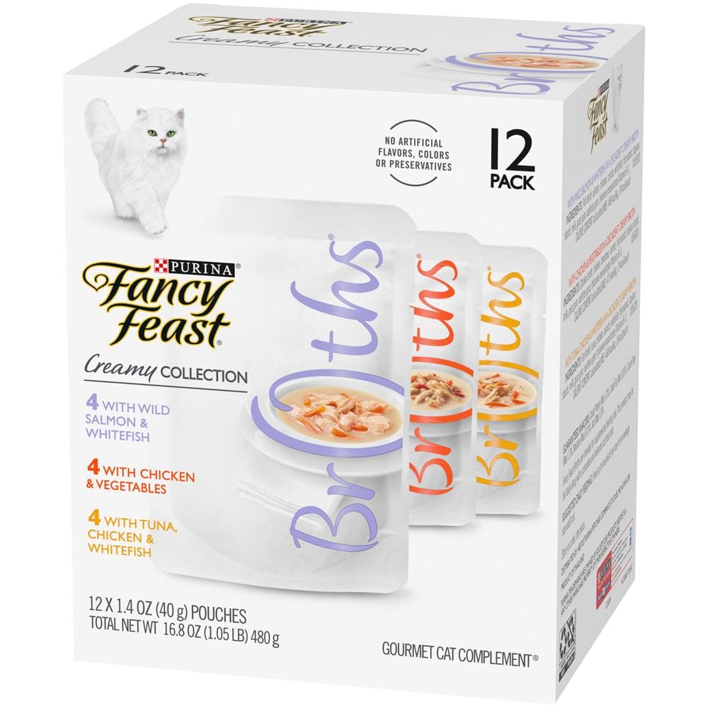 Purina Fancy Feast Broths Creamy Chicken Tuna and Salmon Wet Cat Food or Topper Pouch - Variety Pack - 1.4 Oz - Case of 12 - 3 Pack