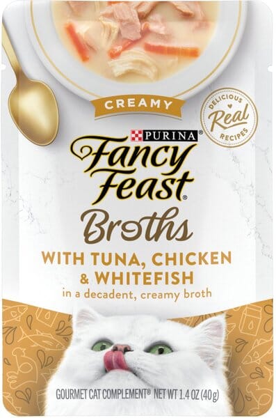 Purina Fancy Feast Broths Creamy Tuna Chicken and Whitefish Wet Cat Food or Topper Pouch - 1.4 Oz - Case of 16