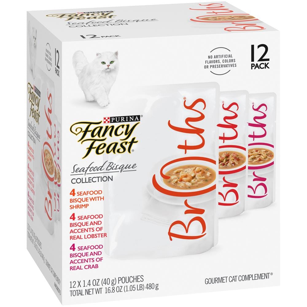 Purina Fancy Feast Broths Seafood Bisque Small-Breed Wet Cat Food or Topper Pouch - Variety Pack - 1.4 Oz - Case of 12 - 3 Pack