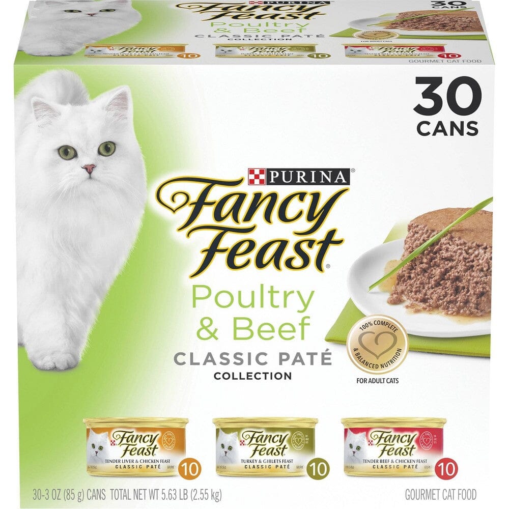 Purina Fancy Feast Classic Pate Chicken Turkey and Beef Pate Canned Cat Food- Variety Pack - 3 Oz - 30 Count