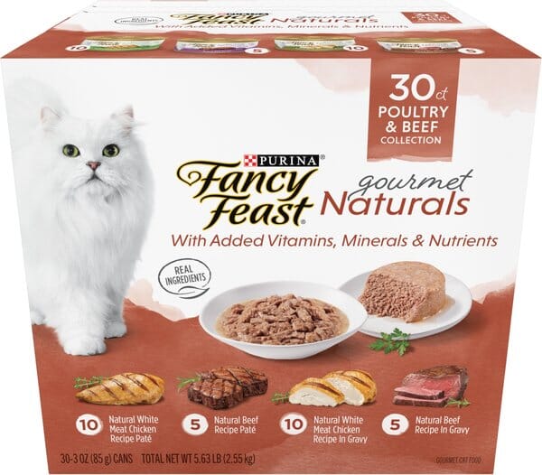 Purina Fancy Feast Gourmet Naturals Chicken and Beef in Gravy and Pate Canned Cat Food - Variety Pack - 3 Oz - Case of 30