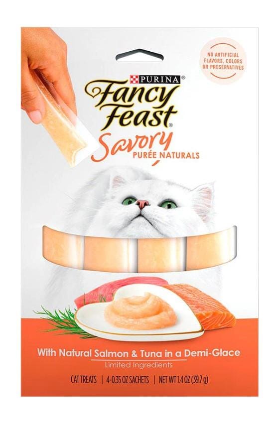 Purina Fancy Feast Savory Puree Naturals Salmon and Tuna Squeezable Tubes Cat Treats - 1.4 Oz - Case of 30