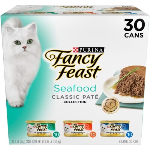 Purina Fancy Feast Seafood Collection Cod Salmon Tuna Shrimp and Whitefish Pate Canned Cat Food - Variety Pack - 3 Oz - 30 Count