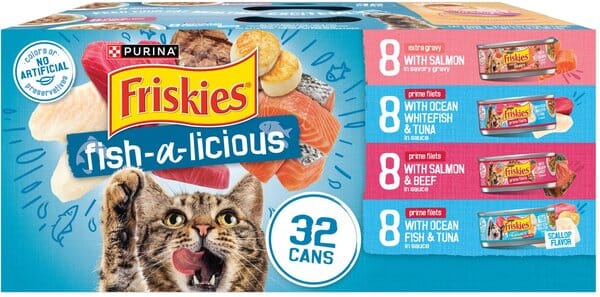 Purina Friskies Fish-a-licious Shreds and Filets Whitefish Beef Tuna and Salmon in Sauce Canned Cat Food - Variety Pack - 5.5 Oz - Case of 32