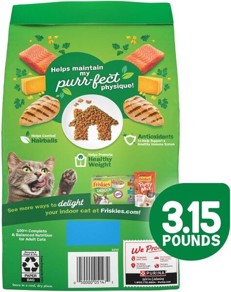 Purina Friskies Indoor Delights Chicken Salmon Cheese and Garden Greens Adult Dry Cat Food - 3.15 Lbs - Case of 4