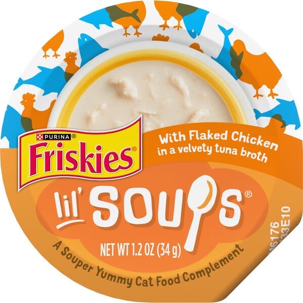 Purina Friskies Lil' Soups Compliments Flaked Chicken in Tuna Broth Puree Wet Cat Food Topper or Treat - 1.2 Oz - Case of 8