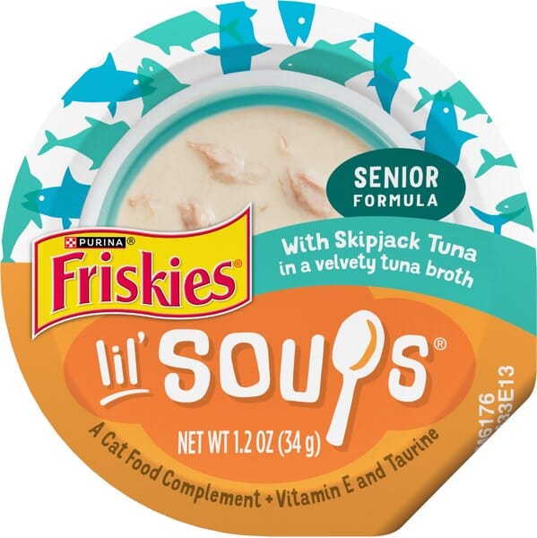 Purina Friskies Lil' Soups Compliments Grain-Free Skipjack Tuna in Broth Senior Wet Cat Food Topper or Treat - 1.2 Oz - Case of 8