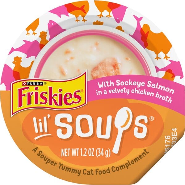 Purina Friskies Lil' Soups Compliments Salmon in Chicken Broth Puree Wet Cat Food Topper or Treat - 1.2 Oz - Case of 8