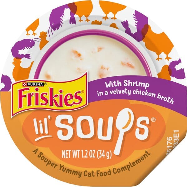 Purina Friskies Lil' Soups Compliments Shrimp in Chicken Broth Puree Wet Cat Food Topper or Treat - 1.2 Oz - Case of 8