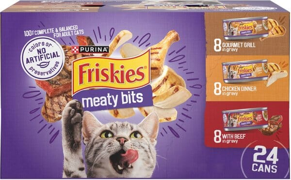 Purina Friskies Meaty Bits Gourmet Grilled Chicken and Beef in Gravy Canned Cat Food - Variety Pack - 5.5 Oz - Case of 24