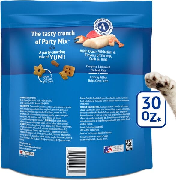 Purina Friskies Party Mix Beachside Crunch with Tuna Chicken and Seafood Crunchy Cat Treats - 30 Oz - Case of 2