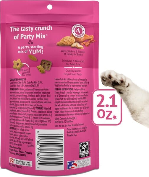 Purina Friskies Party Mix California Crunch Chicken Turkey and Bacon Crunchy Cat Treats - 2.1 Oz - Case of 10