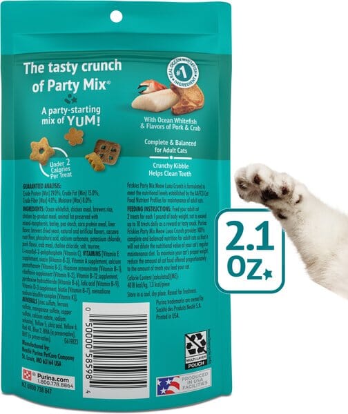 Purina Friskies Party Mix Meow Luau Whitefish Pork and Crab Crunchy Cat Treats - 2.1 Oz - Case of 10