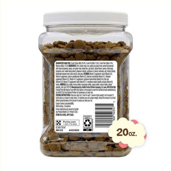 Purina Friskies Party Mix Natural Yums Canister Real Salmon with Vitamins Crunchy Cat Treats - 20 Ounce - Case of 3