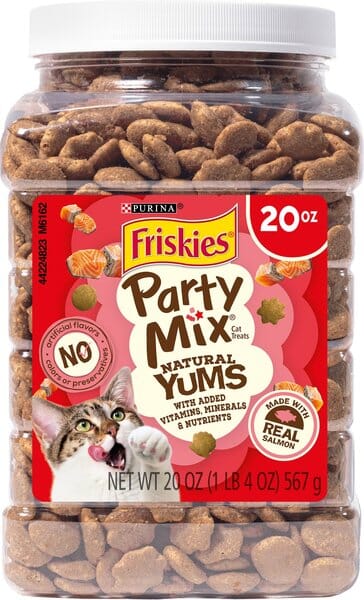 Purina Friskies Party Mix Natural Yums Canister Real Salmon with Vitamins Crunchy Cat Treats - 20 Ounce - Case of 3