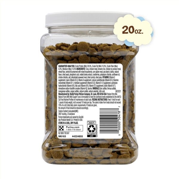 Purina Friskies Party Mix Natural Yums Canister Wild-Caught Tuna with Vitamins Crunchy Cat Treats - 20 Ounce - Case of 3