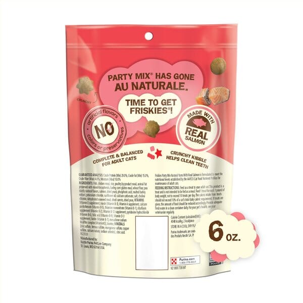 Purina Friskies Party Mix Natural Yums Real Salmon with Vitamins Crunchy Cat Treats - 6 Oz - Case of 6