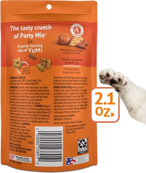 Purina Friskies Party Mix Original Chicken Liver and Turkey Crunchy Cat Treats - 2.1 Oz - Case of 10