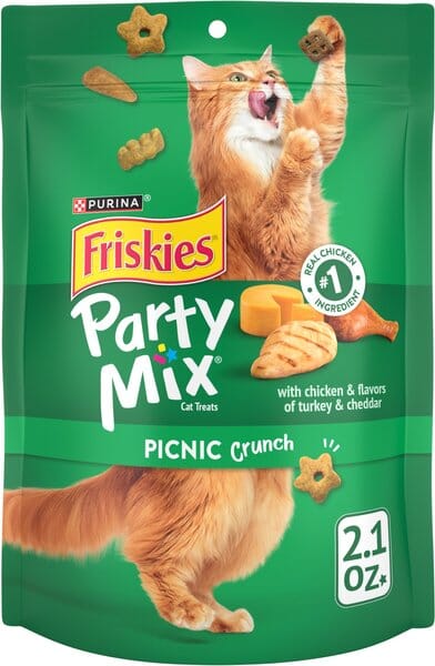 Purina Friskies Party Mix Picnic Chicken Turkey and Chedder Cheese Crunchy Cat Treats - 2.1 Oz - Case of 10