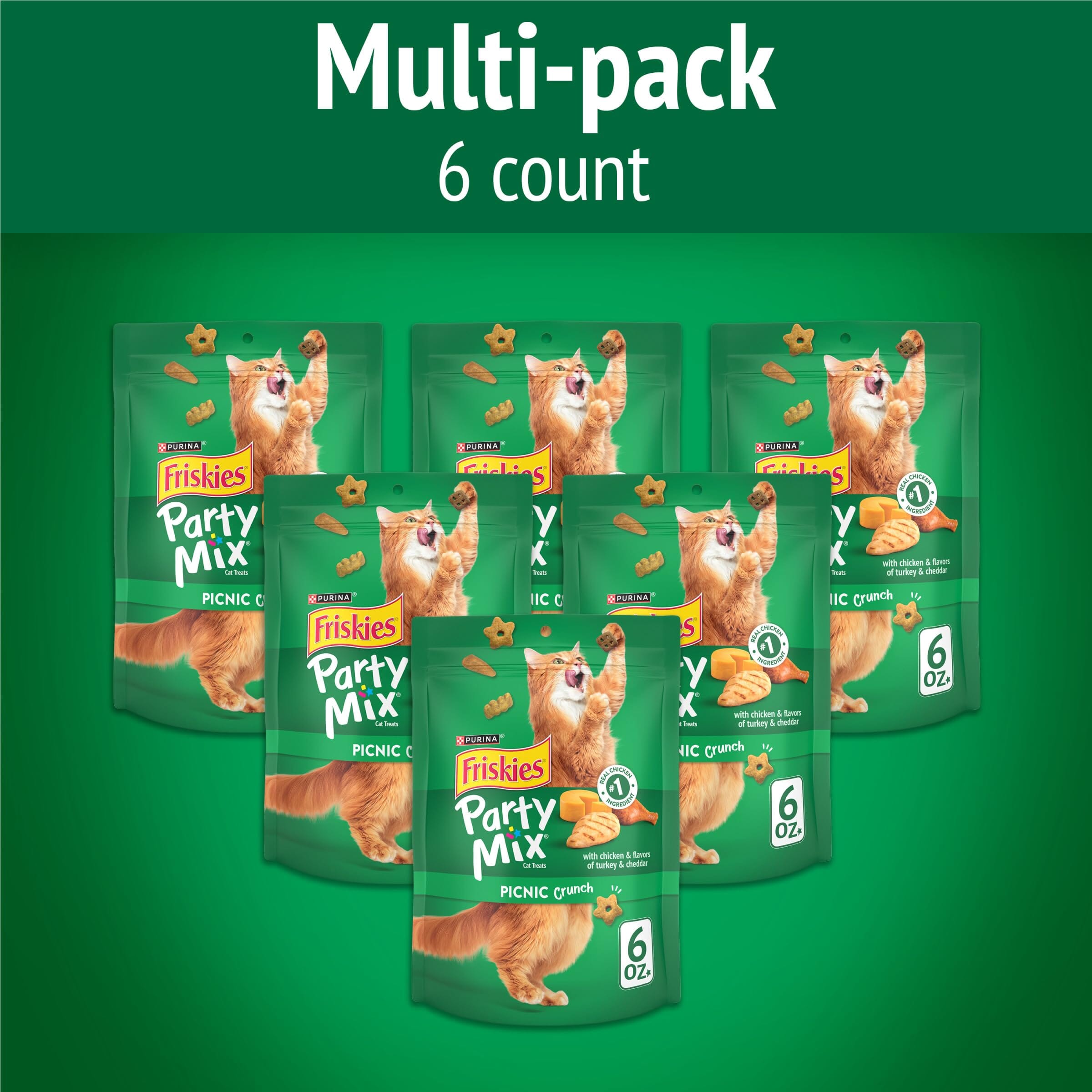 Purina Friskies Party Mix Picnic Chicken Turkey and Chedder Cheese Crunchy Cat Treats - 6 Oz - Case of 6
