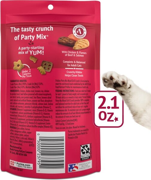 Purina Friskies Party Mixed Grill Crunch Chicken Beef and Salmon Crunchy Cat Treats - 2.1 Oz - Case of 10
