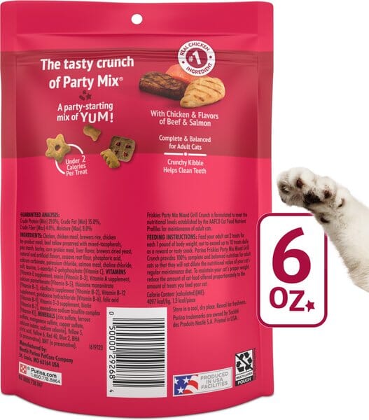 Purina Friskies Party Mixed Grill Crunch Chicken Beef and Salmon Crunchy Cat Treats - 6 Oz - Case of 6