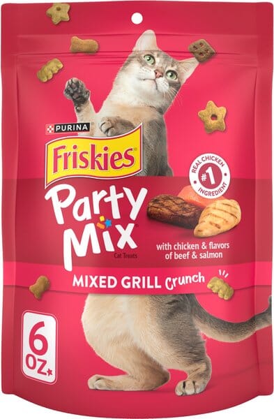 Purina Friskies Party Mixed Grill Crunch Chicken Beef and Salmon Crunchy Cat Treats - 6 Oz - Case of 6