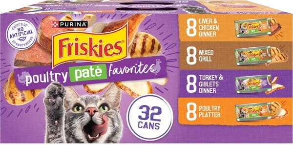Purina Friskies Pate Favorites Mixed Grill Chicken Turkey and Liver Pate Canned Cat Food - Variety Pack - 5.5 Oz - Case of 32