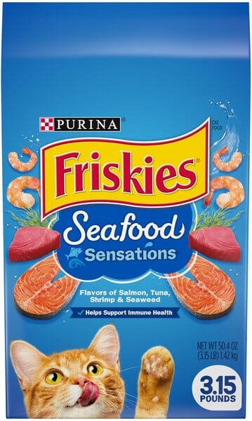 Purina Friskies Seafood Sensations Salmon Tuna Shrimp and Seaweed Adult Dry Cat Food - 3.15 Lbs - Case of 4