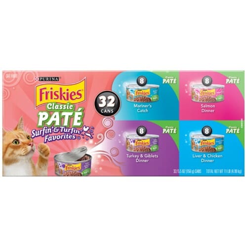 Purina Friskies Surfin' and Turfin' Turkey Salmon Chicken and Liver Pate Canned Cat Food - Variety Pack - 5.5 Oz - Case of 32