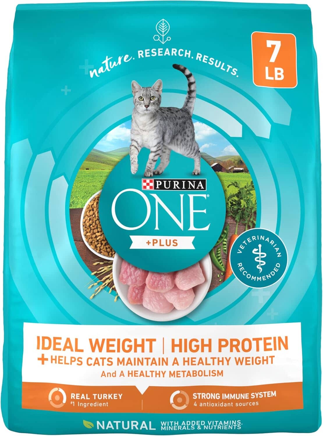 Purina One + Plus Ideal Weight and High-Protein Turkey Dry Cat Food - 7 Lbs - Case of 4