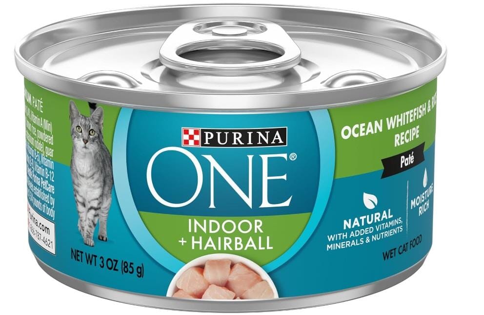 Purina One + Plus Indoor Advantage Hairball Support Whitefish and Rice Pate Canned Cat Food - 3 Oz - Case of 12