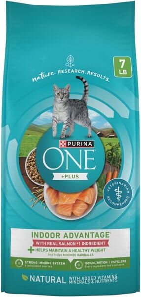 Purina One + Plus Indoor Advantage Healthy Weight and Immune Support Salmon Dry Cat Food - 7 Lbs - Case of 4