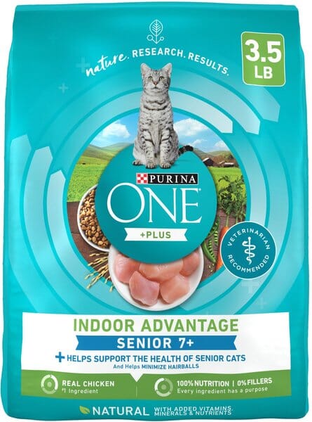 Purina One + Plus Indoor High-Protein Natural Senior 7+ Adult Dry Cat Food - 3.5 Lbs - Case of 4