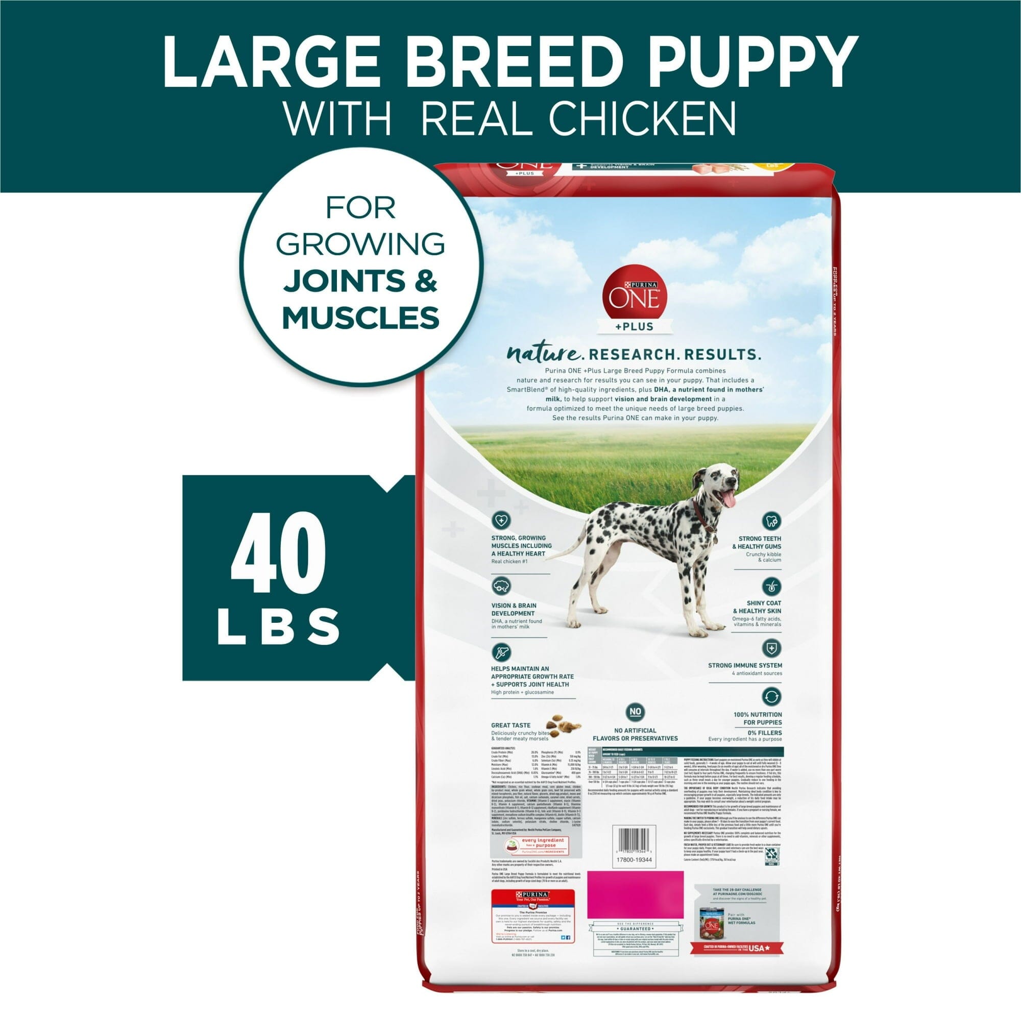Purina One + Plus Large-Breed Puppy Formula High-Protein Muscle and Heart Chicken Dry Dog Food - 40 Lbs