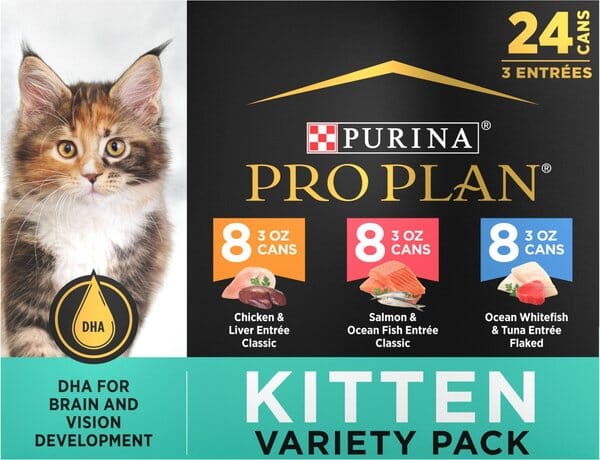 Purina Pro Plan Development Chicken Liver Salmon Tuna Oceanfish and Whitefish Entrée Kitten Canned Cat Food - Variety Pack - 3 Oz - 24 Count