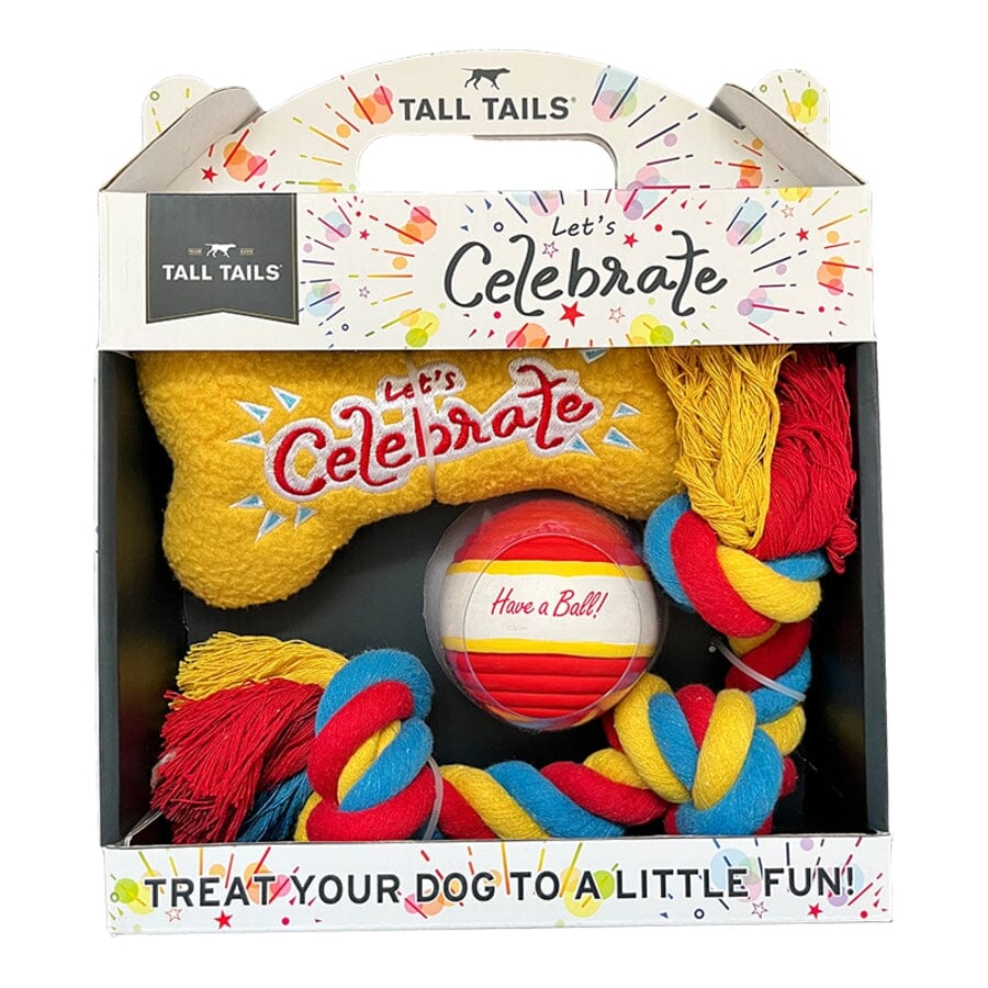 Tall Tails Lets Celebrate Box 3-Piece Ball Rope and Bone Dog Toy Gift Set