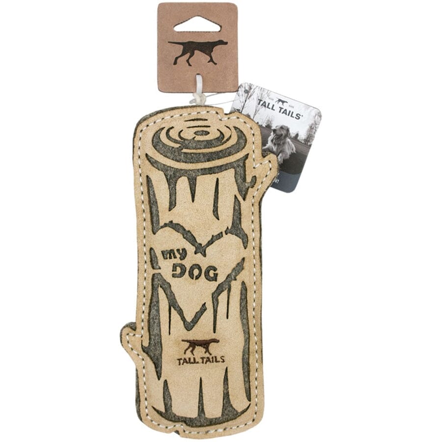 Tall Tails Natural Leather and Wool Love My Dog Log Chew and Fetch Dog Toy - 9 Inches