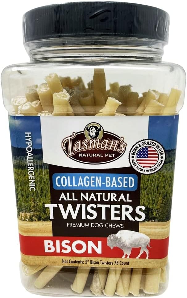 Tasman's Natural Pet Bison Rawhide Twisted Bison Rawhide Chews Jar Dog Natural Chews - Case of 75