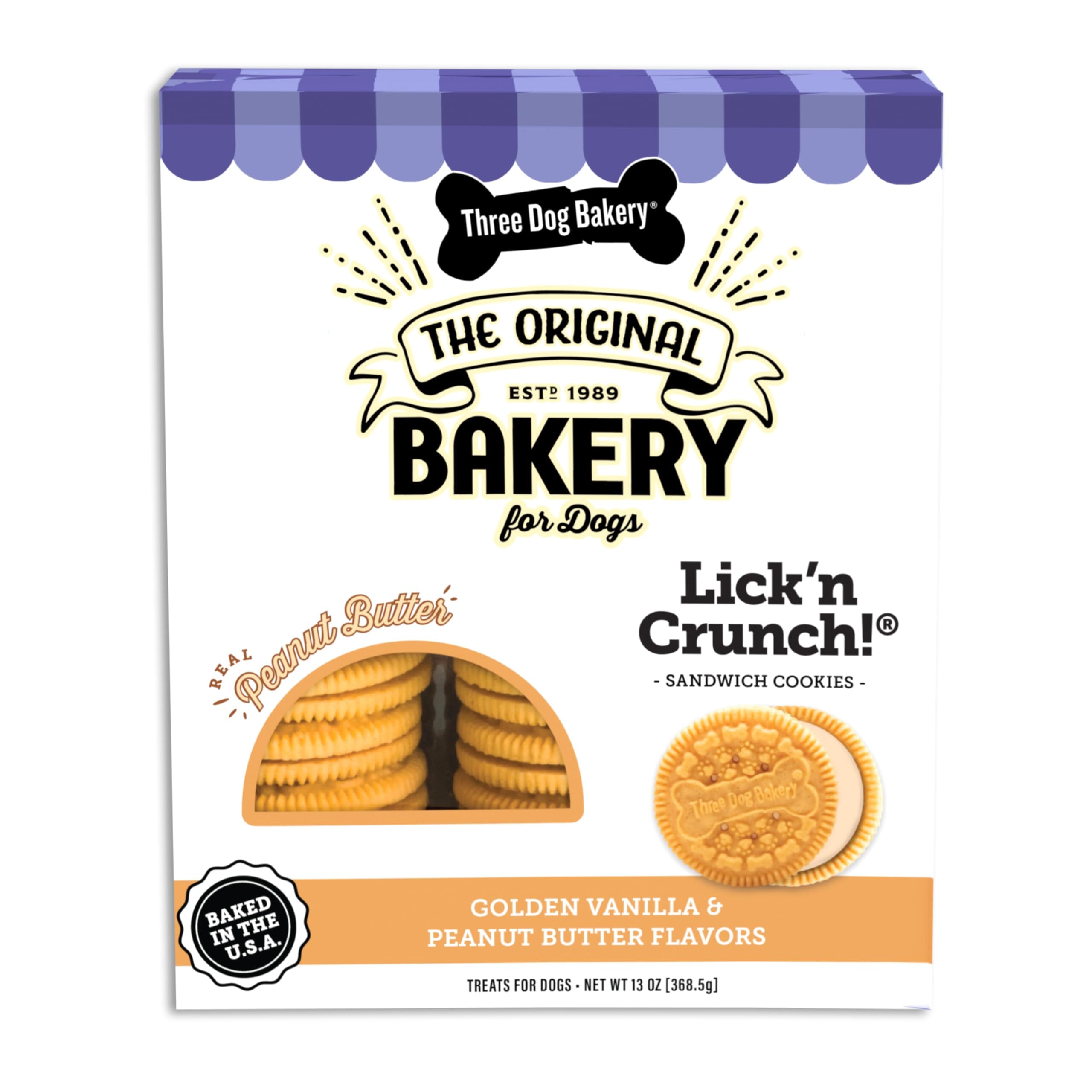Three Dog Bakery Lick'N Crunch Sandwich Cookies Dog Biscuits Treats - Peanut Butter - 13 Oz - 6 Pack