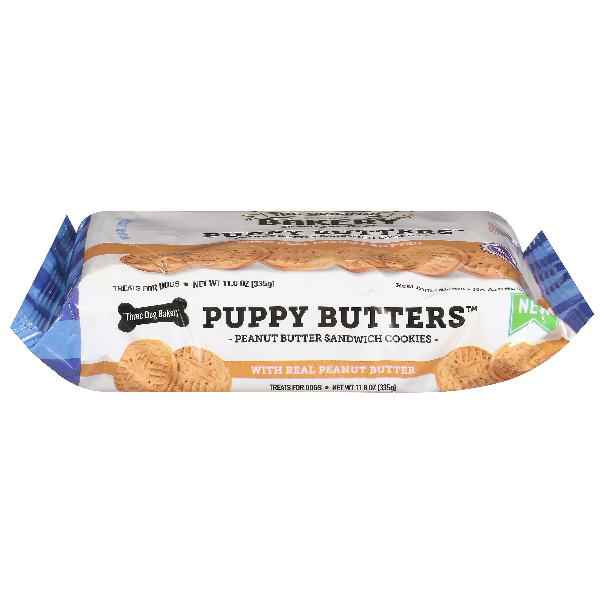 Three Dog Bakery Puppy Butters Sandwich Cookies Dog Biscuits Treats - Peanut Butter - 11.8 Oz - 8 Pack