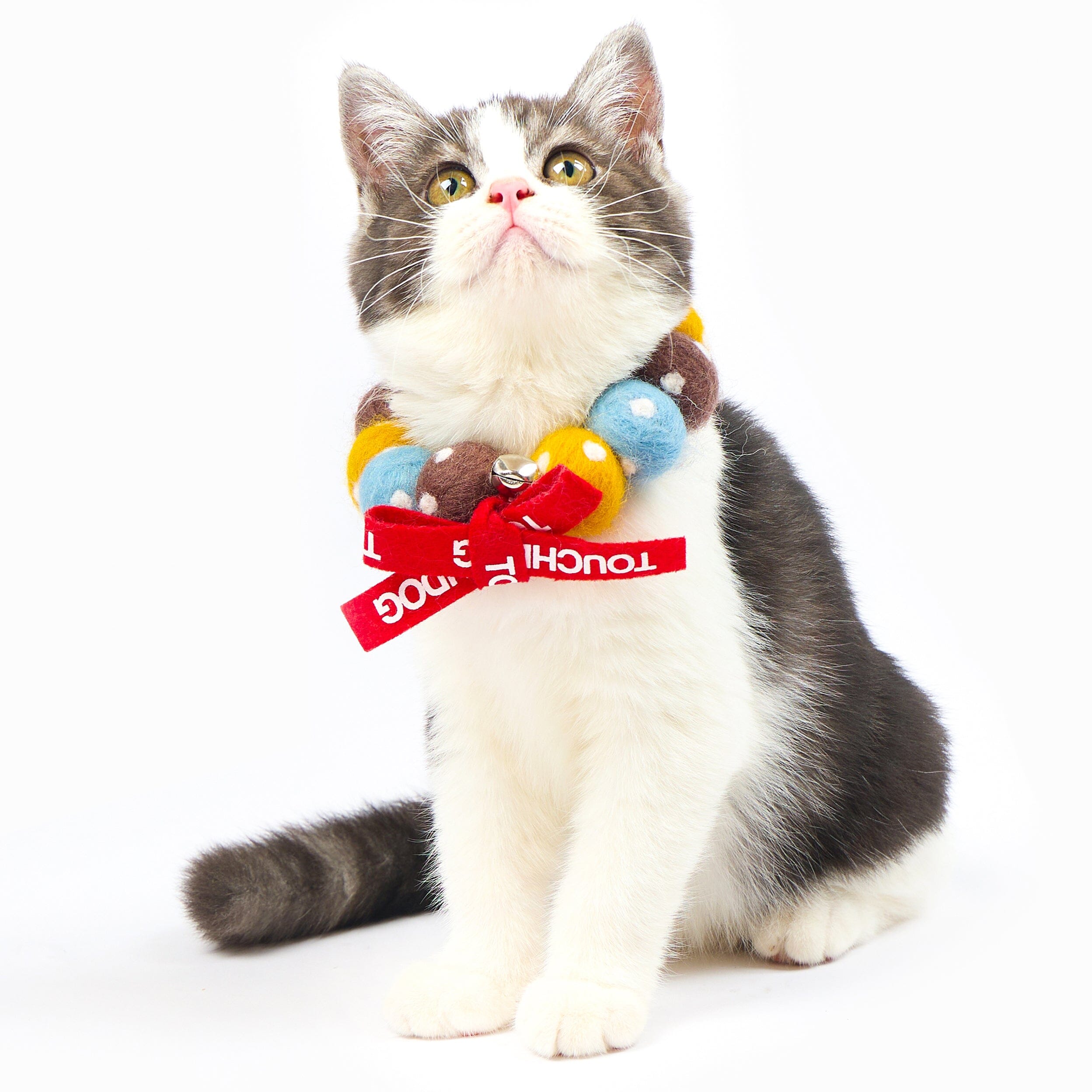 Touchcat ® Pom-Pom Patterned Designer Cat Neck Collar with Chime Bell - Brown and Yellow