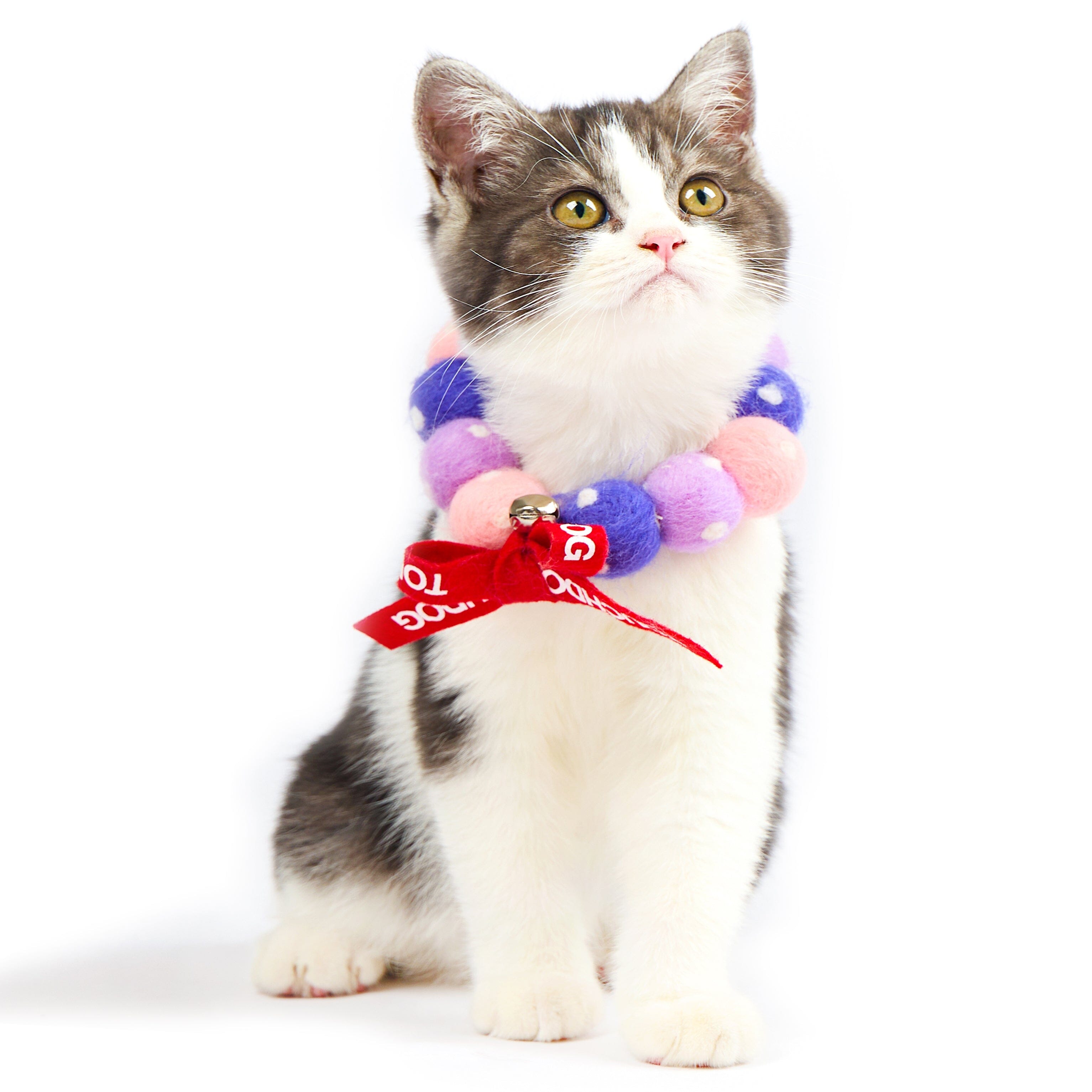 Touchcat ® Pom-Pom Patterned Designer Cat Neck Collar with Chime Bell - Pink and Purple