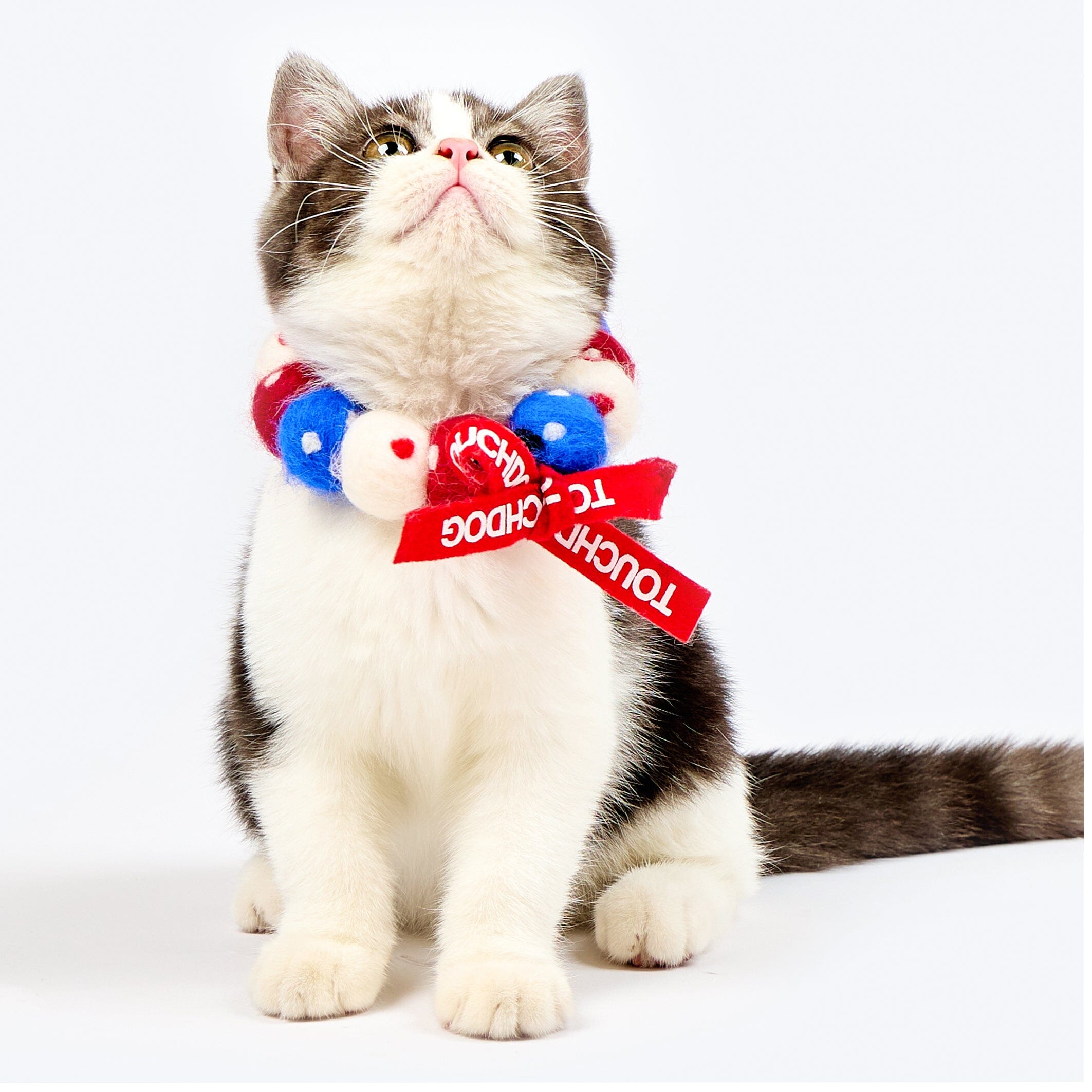 Touchcat ® Pom-Pom Patterned Designer Cat Neck Collar with Chime Bell - Red White and Blue