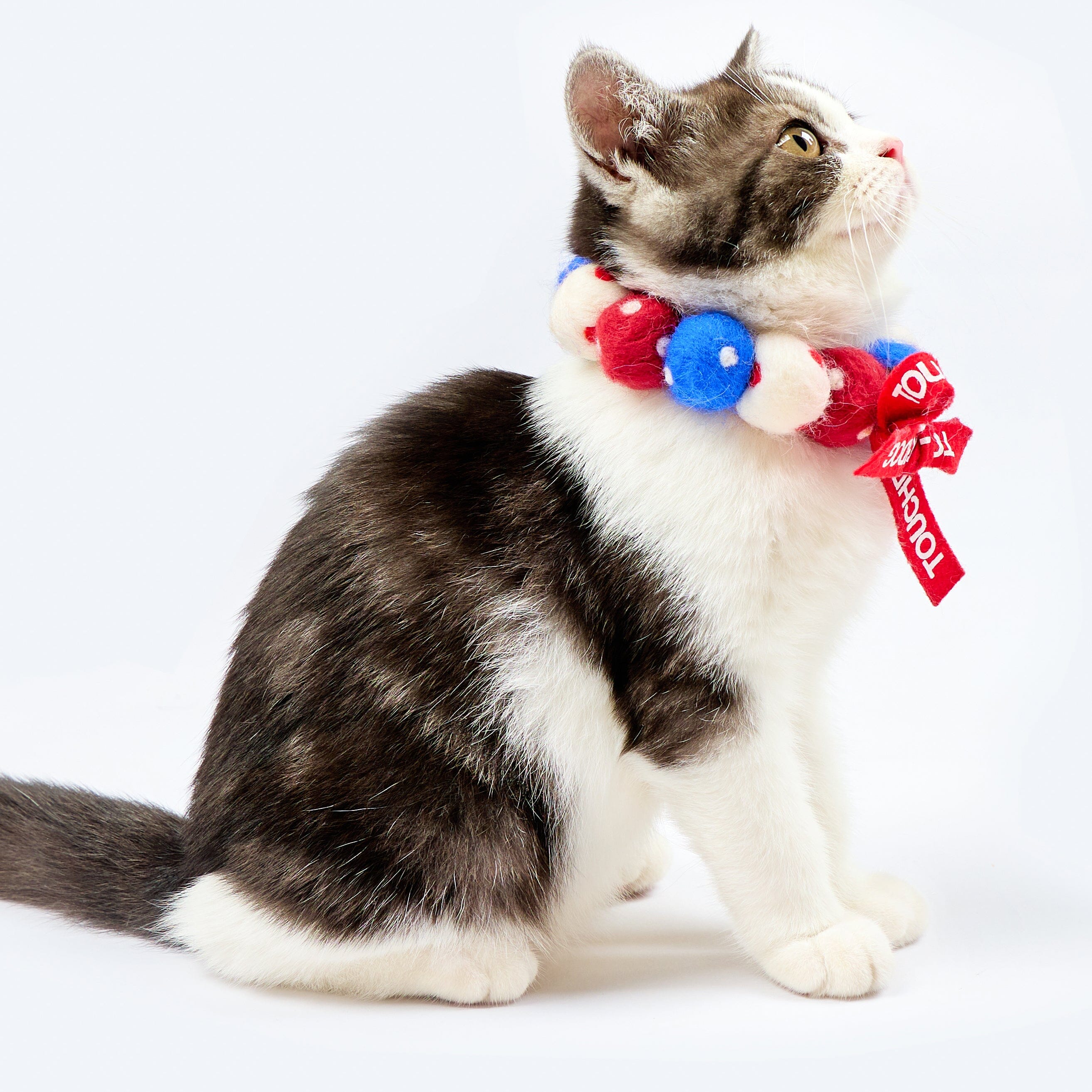 Touchcat ® Pom-Pom Patterned Designer Cat Neck Collar with Chime Bell - Red White and Blue
