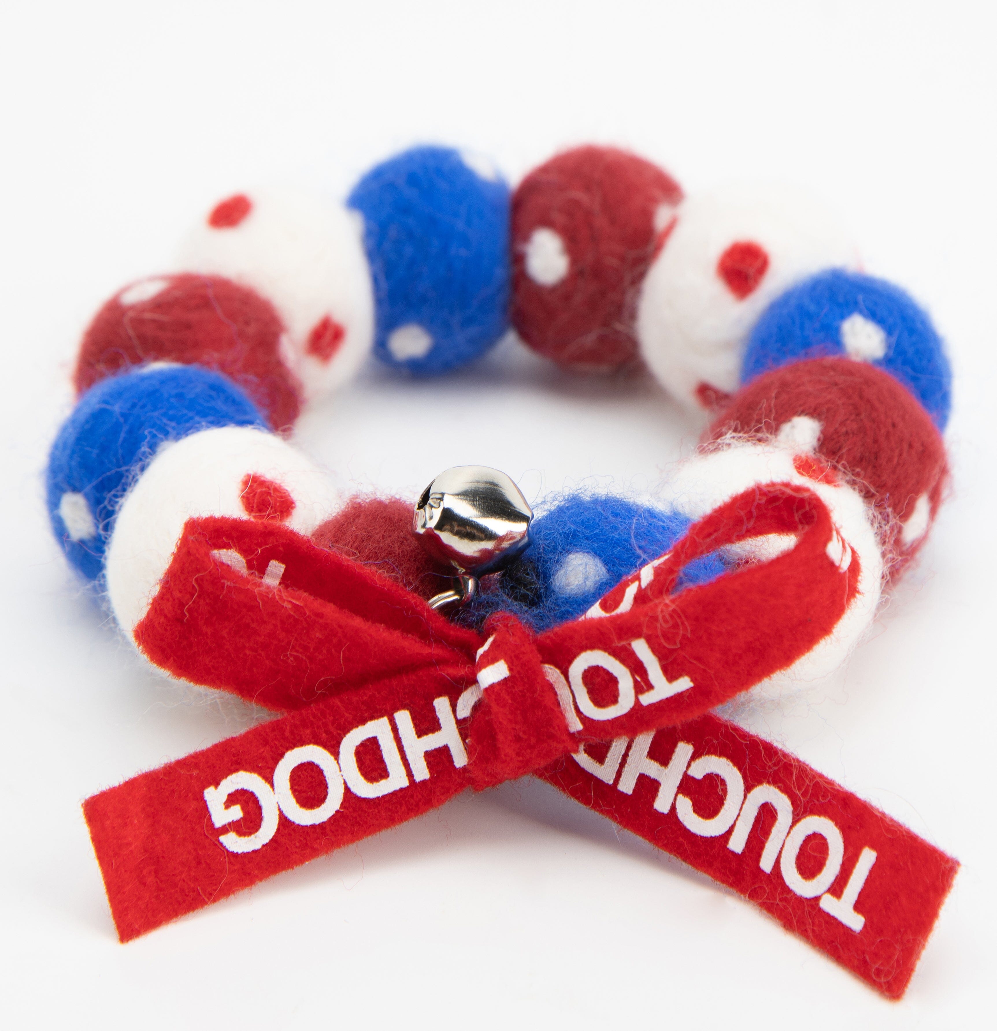 Touchcat ® Pom-Pom Patterned Designer Cat Neck Collar with Chime Bell - Red White and Blue