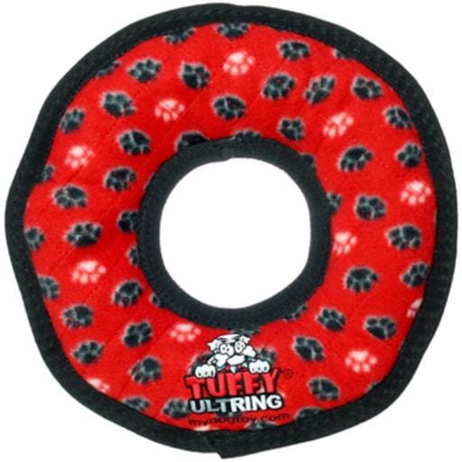 Tuffy's Ultimate Ring Paw-Patterned Float and Squeak Nylon and Plush Fetch Dog Toy - Red