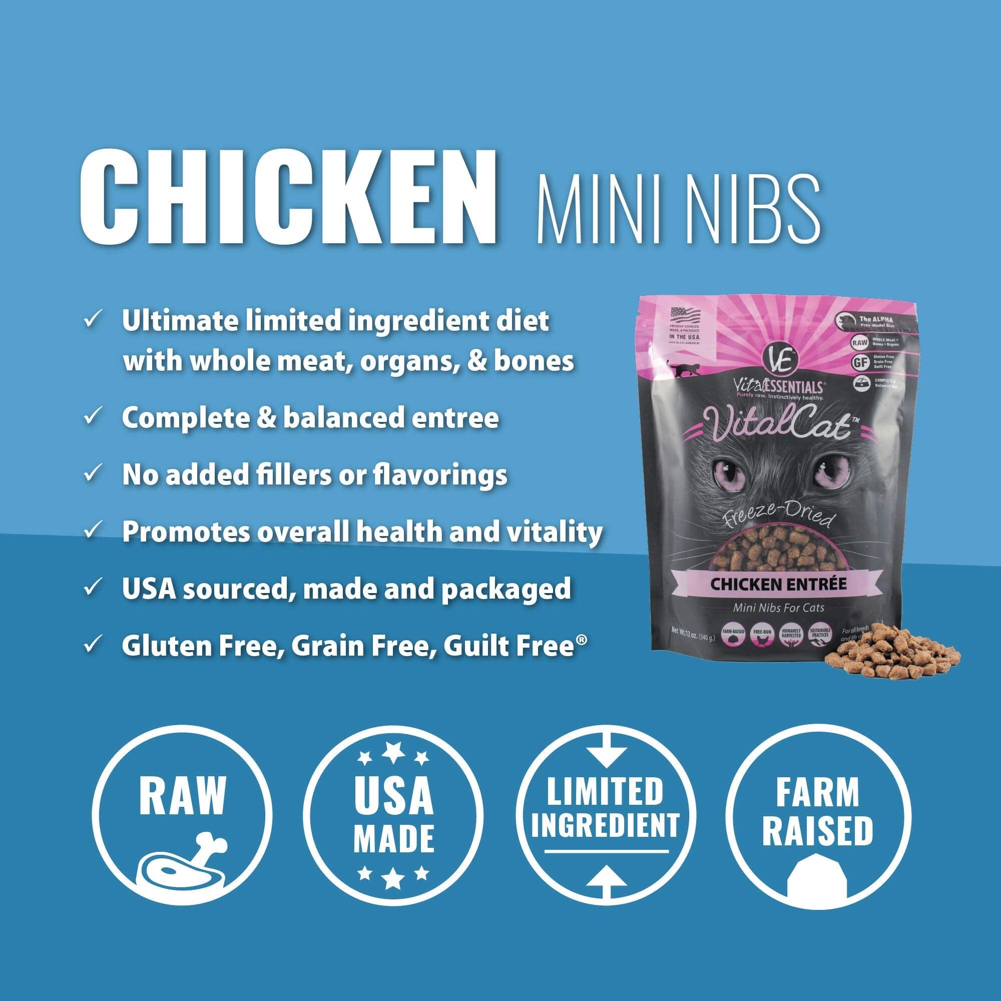 Vital Essential's Grain-Free Chicken Entrée Mini Nibs Freeze-Dried Cat Food - 12 Oz