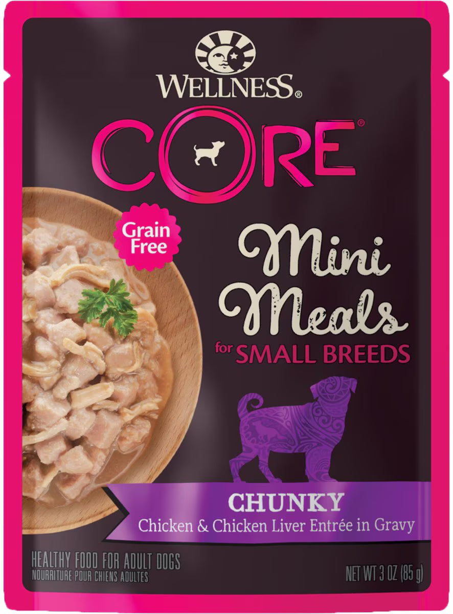 Wellness Core Mini Meals Grain-Free Chicken and Liver in Gravy Entrée Small-Breed Adult Wet Dog Food Pouch - 3 Oz - Case of 12