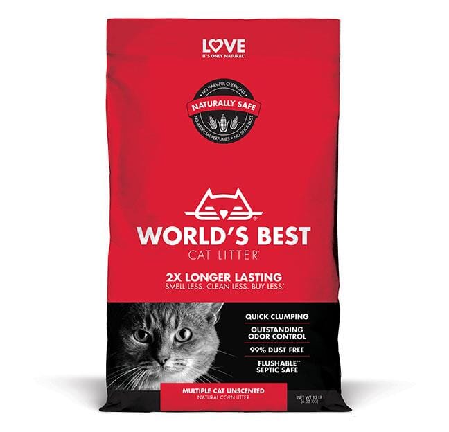 World's Best Cat Litter Corn Clumping Unscented Multi-Cat Litter - 15 Lbs - Case of 3